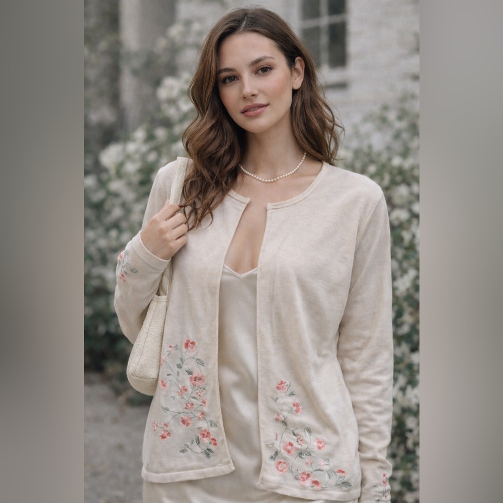 Cream Floral Embroidered Cardigan Soft‎ Girl Coquette Lightweight Knit Romantic
